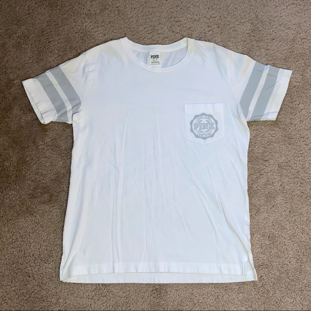 🌟PINK Victoria’s Secret White & Gray Everyday T-Shirt W/ PINK Logo Size XSmall